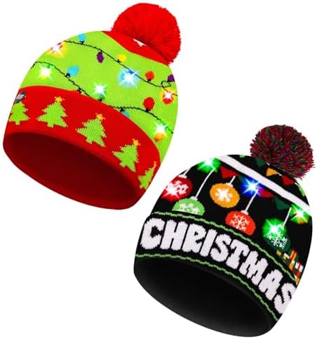 2 Pack Christmas LED Light-up Knitted Beanie Hat Colorful Flashing Holiday Xmas Christmas Party Supplies(One Size Fits More)