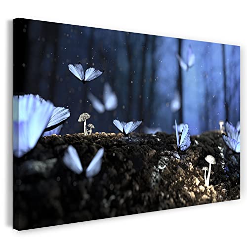 Printistico Leinwandbild (40x30cm) Schmetterlinge, Blau Leuchten Wald Pilze Natur, kühle Farbe, Tier-Fotos, Natur-Fotografie, echter Holz-Keilrahmen inkl. Aufhänger, handgefertigt in Deutschland
