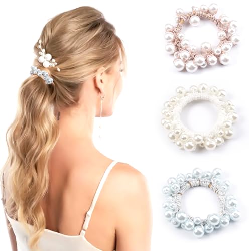3 Piezas Coleteros de Pelo con Perlas, Coleteros Elásticos de Perlas para el Pelo, Elegante Perlas Coleteros，Adecuado para Coletas, Recogidos y Adornos de Peinados Femeninos(Blanco + Aqua + Champán)