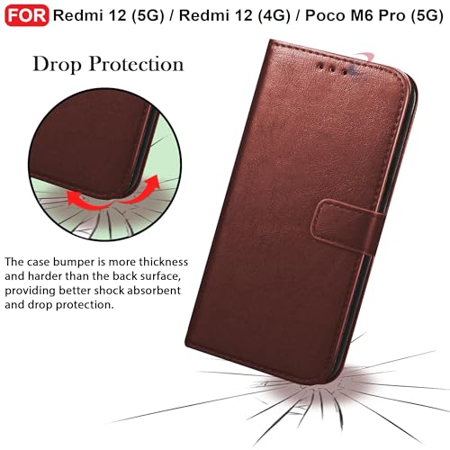 Image of CEDO Flip Cover for Redmi 12 (5G) / Redmi 12 (4G) / Poco M6 Pro (5G) | Leather Finish | Inside Pockets & Inbuilt Stand | Shockproof Wallet Style Magnetic Closure Back Case Flipcover (Brown)
