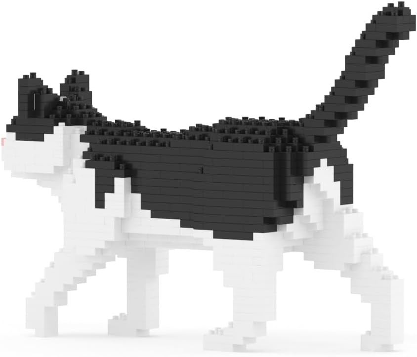 Completed JEKCA Black and White Cat Mini 01S model, viewed from the rear side, showing its walking pose.