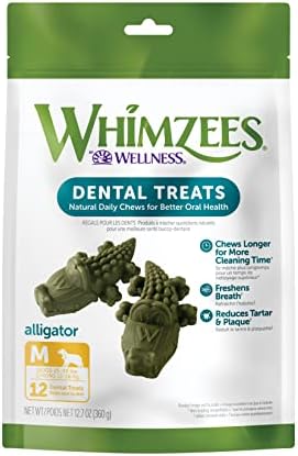 WHIMZEES Natural Grain Free Daily Dental Long Lasting Dog Treats, Alligator, Medium, Bag of 12,Vegetable,0.8 pounds