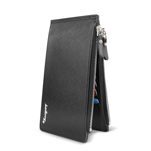 Slim Wallet for Men, Bifold PU Leather Long Wallet 16 Slots Card Holder Wallet with ID Window Double Zip Pocket Credit Card Holder for Woman (Black)