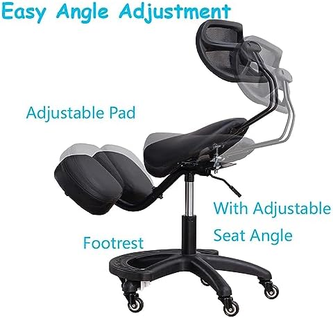 Ergonomic Saddle Seat Kneeling Chair with Backrest, 360° Swivel Mobile Angled Posture Stool for Office, Black Leather