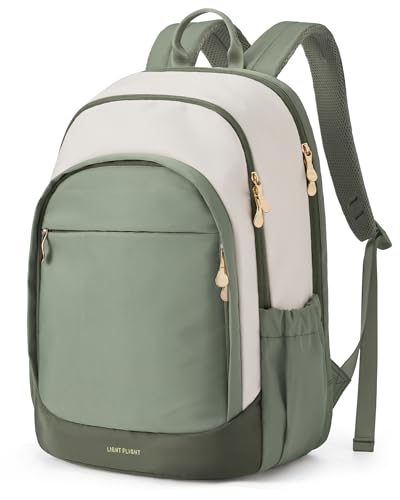 Image of LIGHT FLIGHT Travel Backpack for Women, 15.6 Inch Laptop Backpack with USB Charging Hole, Water Resistant College Bookbag, Large Capacity Black Computer Backpacks for Work, Beige+Green
