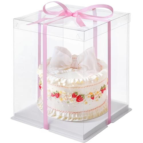 Warmiehomy Clear Cake Box, 6 inch 22x22x32CM Tall Cake Box, Transparent Gift Boxes with Lid & Ribbon, Plastic Large Cake Gift Box for Cake & Present in Christmas Wedding Birthday Party