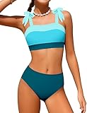 KANGKANG Teen Swimsuits for Girls Size 12-14 Lake Blue Color Block Adjustable Straps Girls Bikini Set Tween Girl Swimsuits Size 13 Bathing Suits Size 14