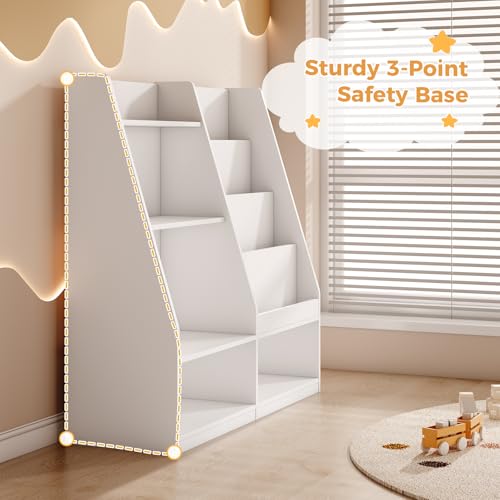 Image of Tatub 4 Tier Kids Wooden Bookshelf and Toy Storage, Children Toy Organizer with Upgraded Book Shelves, Toddler BookRack Baby Bookcase with Upgraded Storage for Nursery, Playroom and Classroom, White
