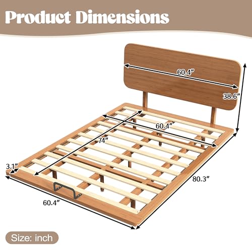 Image of Bellemave Queen Size Bamboo Bed Frame with Headboard,Bamboo Floating Platform Bed Frame Queen Size with Charging Station and Wood Slats,Easy Assembly,Warm Brown