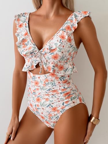 Image of Eomenie One Piece Swimsuit for Women Tummy Control Ruffle Bathing Suit V Neck Ruched Swim Suit Slimming Cutout Swimwear