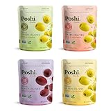 Poshi Natural Whole Pitted Olives | 24 Pack Variety | Basil & Garlic, Chili & Oregano, Chili + Garlic, Lemon & Rosemary | Vegan, Kosher, Gluten Free + Keto Friendly Healthy Snacks, 1.1 Oz (Pack of 24)