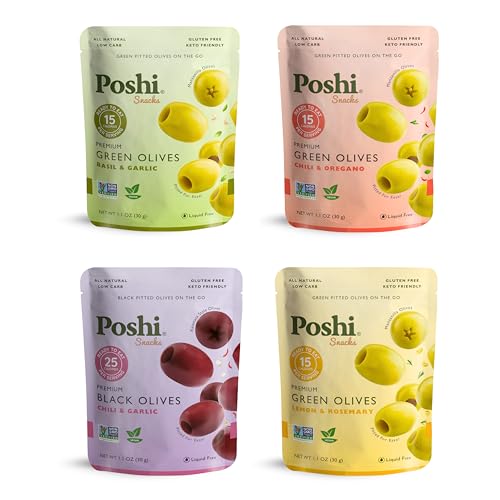 Image of Poshi Green Olives On-The-Go - Original Flavor - Single Serve Pitted Olives - Convenient and Healthy Snack Packs - All Natural, Non-GMO, Kosher, Gluten-Free (Variety, 33 Ounce (Pack of 30))