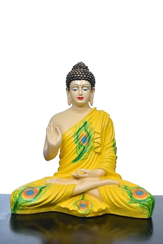 Image of Beautiful Sitting Buddha Idol Statue for Home & Garden Living Room | Healing Spirit Blessing Buddha Statue - 15 Inch Size (Yellow + Cream)