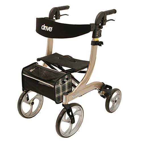 Drive Medical Rollator NITRO in Größe S & Farbe Champagner I für Indoor & Outdoor mit Gepäcknetz, Stockhalter & Ankipphilfe I Gepolsterte Rückenlehne, ergonomische Griffe & kein Montageaufwand