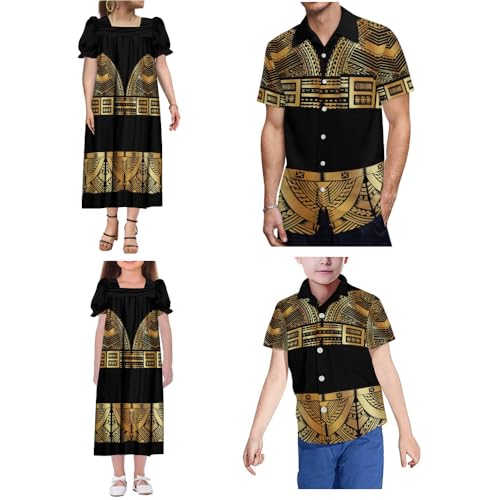 Micronesian Mumu Women's Square-Neck Dress and Men's Shirt Polynesian Family Party Suit for Girls and Boys