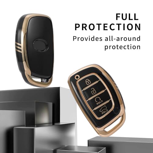 Image of TPU Car Key Cover Black & Golden Compatible for Hyundai Creta, Venue, I20 (2021),Alacazar, Elantra, Tuscon (Hyundai, 4 Button Push Smart Key New)