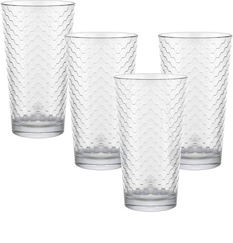 Circleware Paragon Honeycomb Set of 4 Heavy Base Highball Drinking Glasses Tumblers Ice Tea Beverage Cups Glassware for Water, Juice, Beer and Bar Decor Gift, 15.7 oz, 4pc