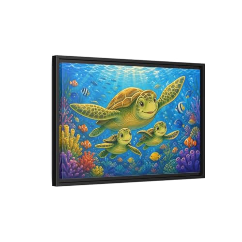 Cadre tortue marine bleu ocean format horizontal prets a suspendre