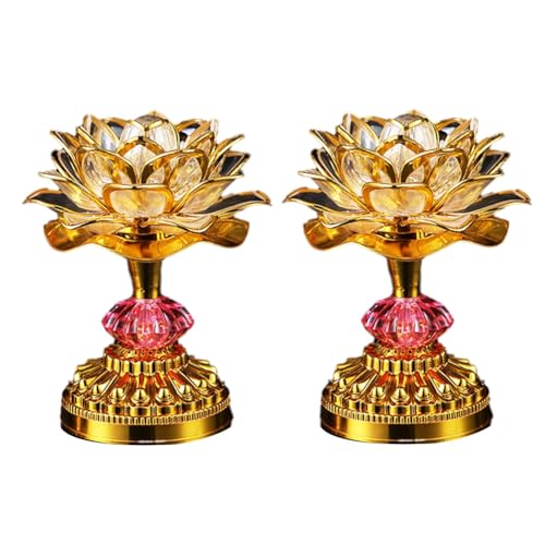 TKOWTB 2Pcs LED Lotus Buddhist Lights Buddha Lotus Lamps Plug in or Battery-Operated Buddhist Lamp US Plug Gold 58 Songs
