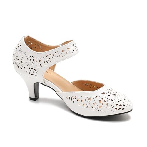Image of Women's Comfortable Mary Jane Pumps Vintage Cutout Closed Toe Kitten Heels for Dressy Office Work