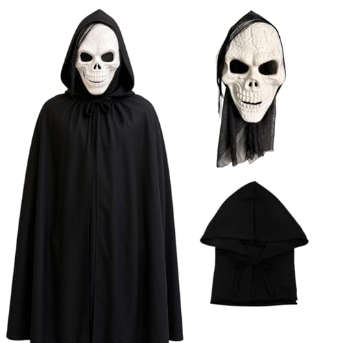 Fantasia Caveira Assustadora Halloween Máscara + Capa Preta