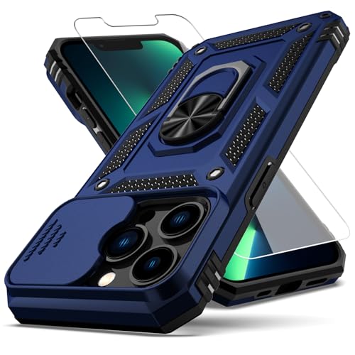 YZOK for iPhone 13 Pro Max Case,with Camera Lens Cover HD Screen Protector,[Military Grade] Ring Car Mount Kickstand Hybrid Hard PC Soft TPU Shockproof Protective Case for iPhone 13 Pro Max, Blue