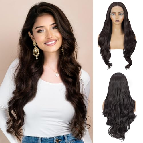 Image of Creamily 13X3 Brown Synthetic Lace Front Wig Long Wave Glueless Wigs for Women HD lace Pre Plucked Hairline (Brown, 28 inches)