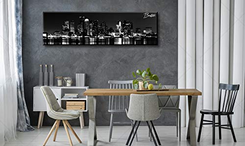 Image of DJSYLIFE Boston Canvas Wall Art Black White Cityscape Decor 13.8 inchx47.3 inch | Panoramic Skyline Print, Ready to Hang for Bedroom, Office, Living Room Decoration