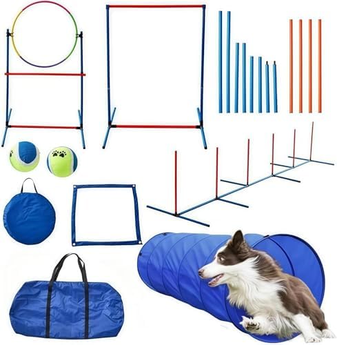 Dog Agility Training Equipment Set, Obstacle Courses Training Starter Kit, Dog Agility Equipment with Dog Tunnel, Weave Poles, Adjustable Hurdles, Jump Ring, Pause Box
