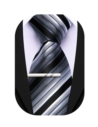 Image of Barry.Wang Silk Men Ties Formal Stripes Necktie and Tie Clip for Wedding Party Business Fashion Classic