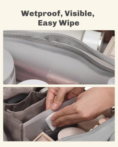 Image of Hynes Eagle Travel Makeup Bag for Women Puffy Cosmetic Organizer Pouch Open Flat Toiletry Bag for Toiletries Brushes Structured Base Light Grey