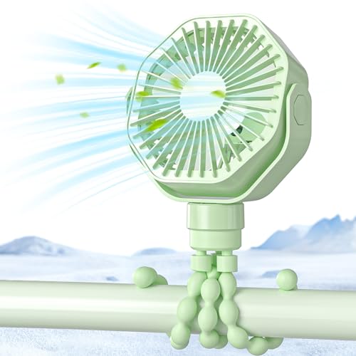 Image of Lerat Portable Stroller Fan With Flexible Tripod, 3 Speeds Rechargeable Handheld Personal Fan, 360 Rotate Battery Operated Clip On Fans for Car Seat Crib Bike Treadmill Green