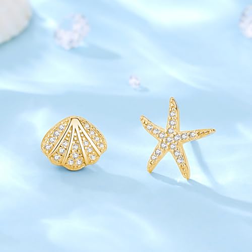 SLUYNZ Sterling Silver CZ Starfish Shell Stud Earrings for Women Teens Small Shell Stud Earrings Beach Stud Earrings3