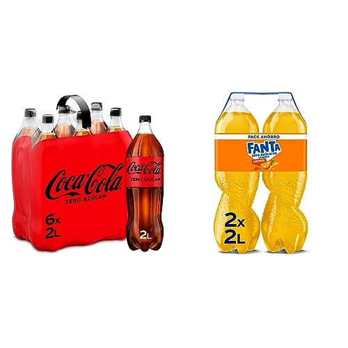 Coca-Cola Zero Azúcar - Refresco de cola sin azúcar, sin calorías - Pack 6 botellas 2L & Fanta Naranja, Zero Azúcares Añadidos, Pack 2 botellas de 2L