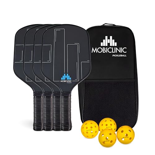 Mobiclinic®, Set de Pickleball, 4 Raquetas de Fibra de Vidrio, 4 Pelotas Interior y Exterior, Bolsa...