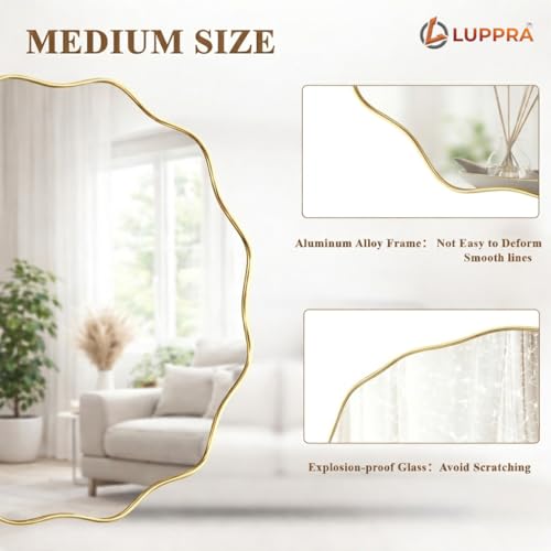 Image of 18x18 Inch Gold Scalloped Wavy Round Mirror - Tempered Glass with Textured Deep Plastic Frame, Modern Decorative Wall Mirror for Bathroom, Living Room, Entryway & Hallway Decor