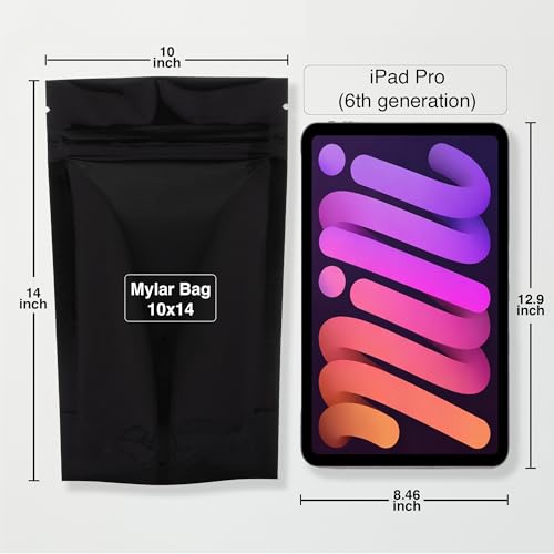 Image of BELLE KR 100pcs 1 Gallon Black Mylar Bags with Gusseted Bottom - Extra Thick 4.72 Mil - 10 inchx14 inch Resealable Stand Up Mylar Ziplock Bags with Label Stickers