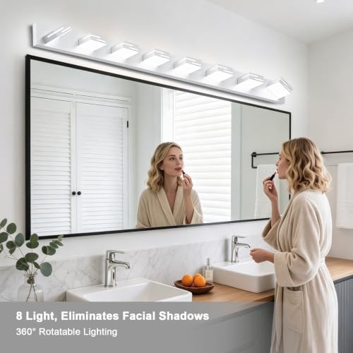 Image of LED Modern Bathroom Vanity Light Fixtures, Dimmable White Vanity Lights for Bathroom Lighting Fixtures Over Mirror, with 360 Rotatable Acrylic Heads 8-Light 54-inch (Cool White 6000K)