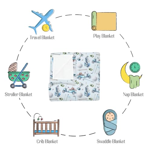 Image of Baby Boys Blankets Golf Gear Sport, Watercolor Blue Ball Glove Car Stick Soft Lightweight Nursery Receiving Swaddle, Flannel Newborn Infant Toddler Crib Bedding Kids Gift 30 x 40 in