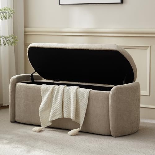 VKNOW 46" Storage Bench, Upholstered Storage Ottoman Bench with Hinge | Ottoman Bench with Large Capacity, Curved Frame, Soft Fabric, Storage Bench for Bedroom, Living Room, Entryway, Khaki