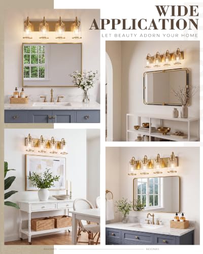 Image of Beionxii 4 Light Bathroom Light Fixtures, Gold Vanity Lights with Clear Glass Shades, Modern Vanity Lights Over Mirror, Wall Sconces for Kitchen Living Room Hallway Cabinet Porch, BX-VL01BG-4CG