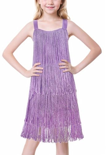 Adigau - Vestido de baile latino para niñas sin mangas con borlas de lentejuelas Samba Rumba ropa 3-13 años, morado, 9-10 Años