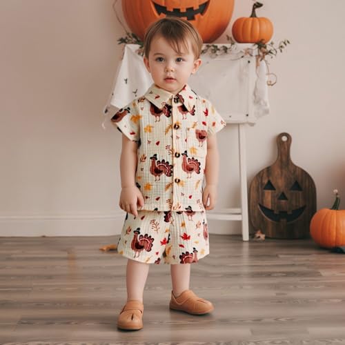 Toddler Baby Boy Thanksgiving Outfit Turkey Cotton Linen Short Sleeve Button Down Shirt and Shorts Set Fall Clothes4