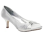 Women’s Satin Low Kitten Heel Court Shoes – Diamante Buckle Bridal Bridesmaid Prom Party Heels for Wedding-Sliver 7 UK