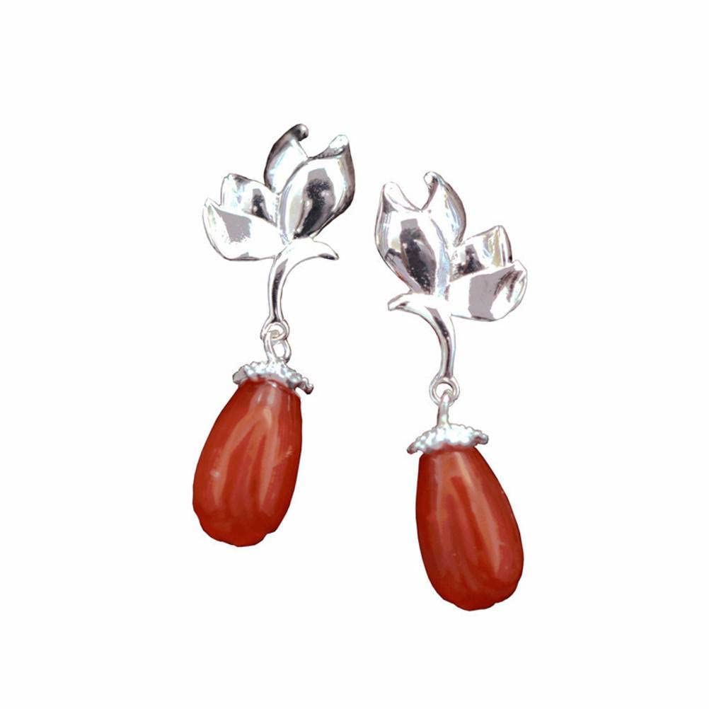 Orecchini di agata, argento sterling femminile S925 intarsiato con orecchini di fiori di magnolia, orecchini regalo di gioielli in argento (Nome colore:Orecchini, Taglia:Argento 925)