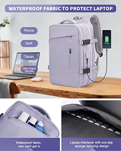 Large Travel Backpack For Women,Carry On Backpack,Expandable Airline Airplane Approved Weekender Backpack,Hiking Backpack,Laptop Backpack With Usb Charging Port,Waterproof 40L Backpack Bag, Purple #TOP3