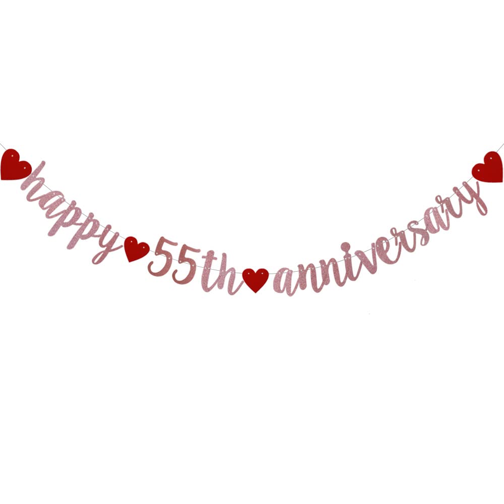 Happy 55th Anniversary Banner, Pre-Strung,Rose Gold Glitter Paper Garlands for 55th Wedding Anniversary Party Decorations Supplies, No Assembly