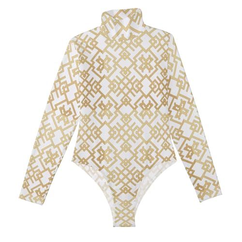 voucong Body sexy à manches longues avec motif abstrait plat, motif volute, doré, justaucorps pour femme adulte, Motif abstrait plat motif volutes or, Medium