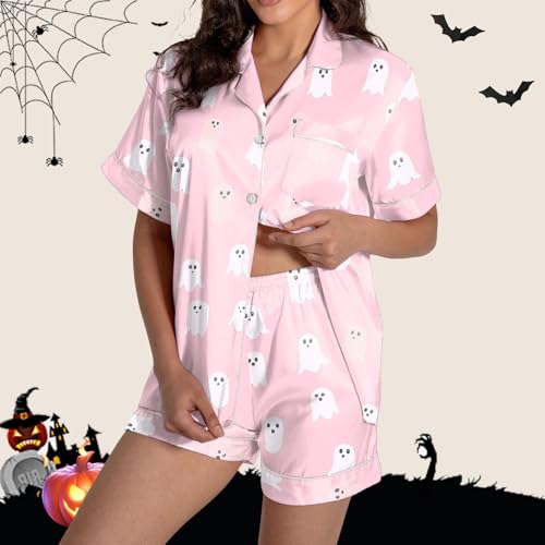 Women Pajamas Set Halloween Funny Ghost Silk Stain Top with Shorts Loungewear Fashion Comfort Sleep Lapel Neck Pajama3
