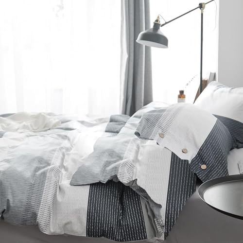 Image of LifeTB Full Comforter Set Blue Grey Striped Bedding Comforter Set, Lightweight Fluffy Soft Down Alternative Comforter for All Seasons, 3 Pieces Bedding Farmhouse Striped Comforter with 2 Pillowcases